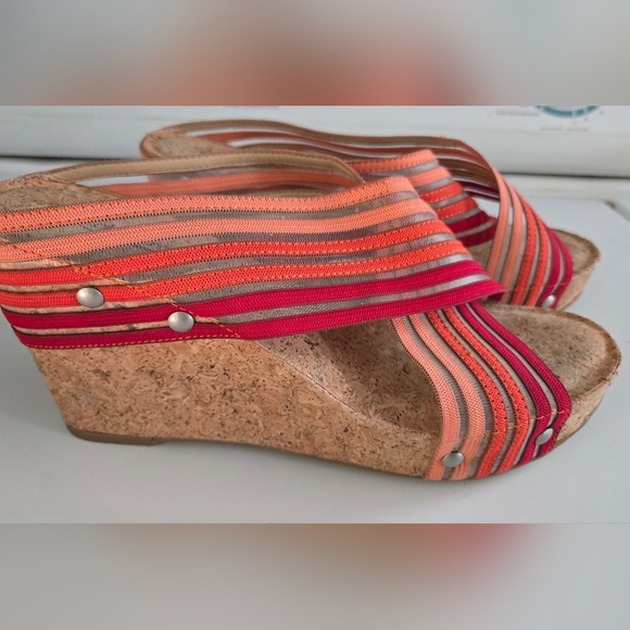 Lucky Brand Cork Wedge Sandals Strappy Boho Slides Size 7.5 8 Multicolor Orange - Picture 4 of 8